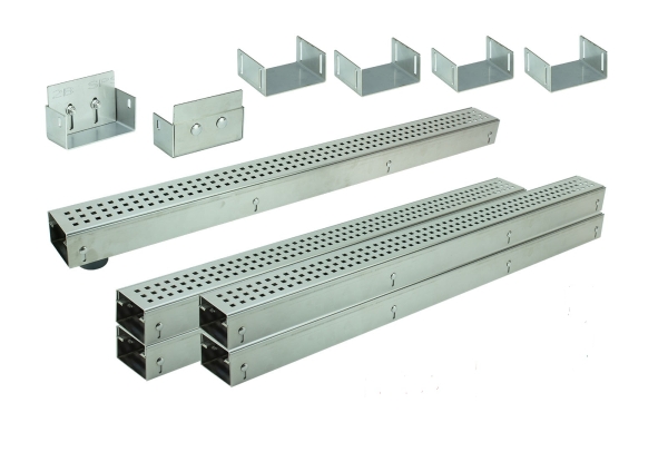 Edelstahlentwässerungsrinnen Bauhöhe 60 bis 80mm, Rost Quadratlochung SET Typ 5